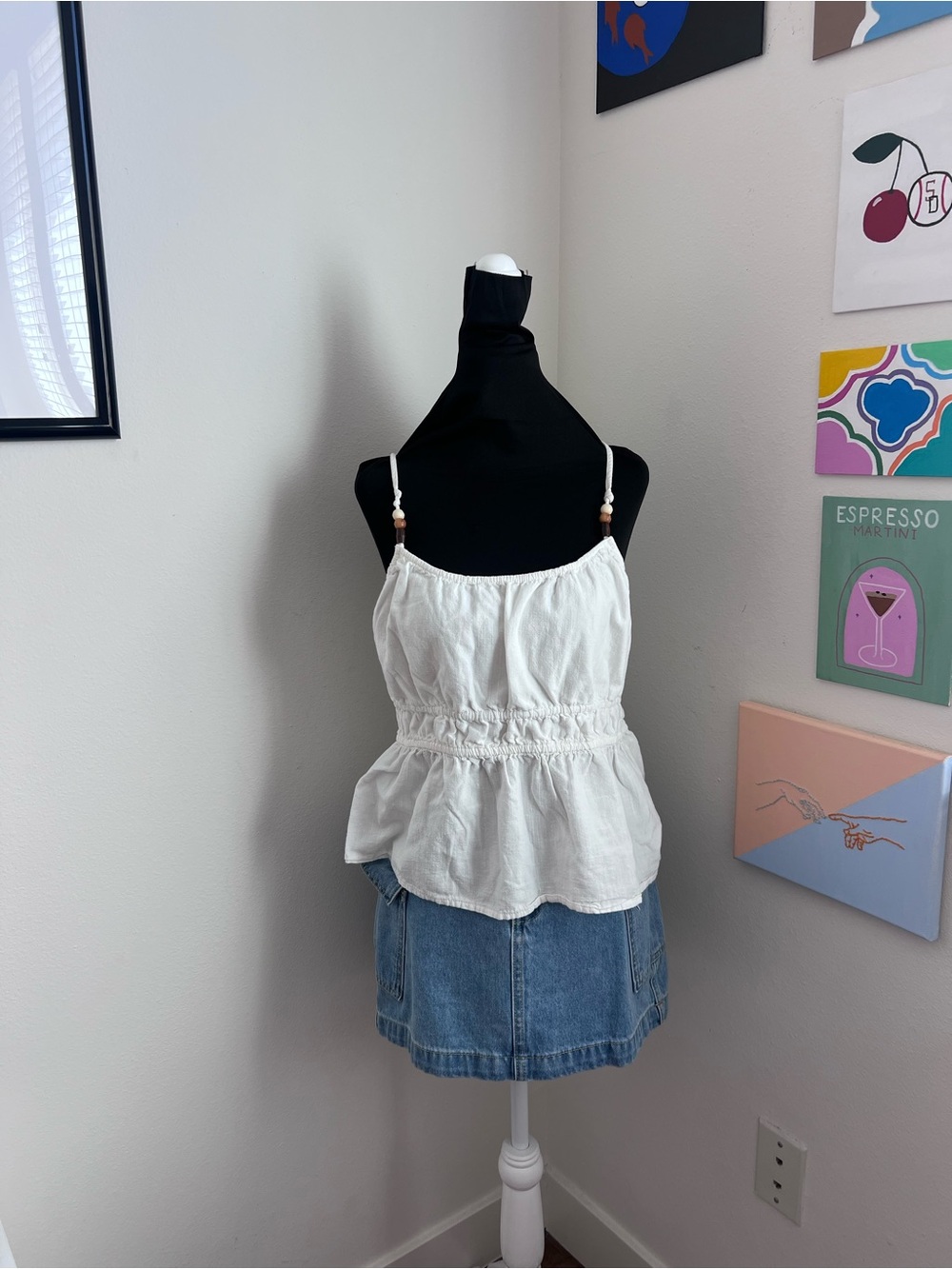 Old Navy White Beaded Strap Peplum Cami Top – Boho Coastal Summer Tank
